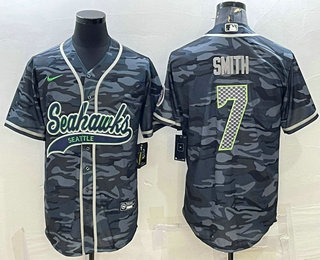 Men's Seattle Seahawks #7 Geno Smith Grey Camo With Patch Cool Base Stitched Baseball Jersey