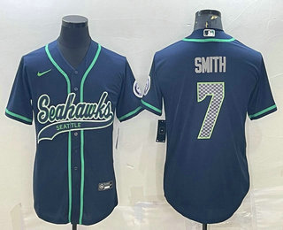 Men's Seattle Seahawks #7 Geno Smith Navy Blue With Patch Cool Base Stitched Baseball Jersey