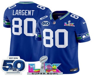 Men's Seattle Seahawks #80 Steve Largent Limited Blue Super Bowl LX Patch And 50TH Throwback FUSE Vapor Jersey