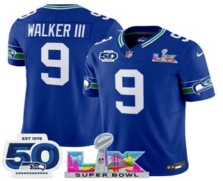 Men's Seattle Seahawks #9 Kenneth Walker III Limited Blue Super Bowl LX Patch And 50TH Throwback FUSE Vapor Jersey