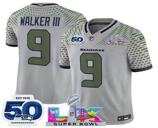 Men's Seattle Seahawks #9 Kenneth Walker III Limited Gray Super Bowl LX Patch And 50TH Rivalries FUSE Vapor Jersey