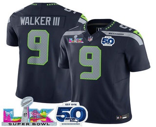 Men's Seattle Seahawks #9 Kenneth Walker III Limited Navy Super Bowl LX Patch And 50TH FUSE Vapor Jersey