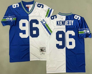Men's Seattle Seahawks #96 Cortez Kennedy Blue White Split 1993 Throwback Jersey