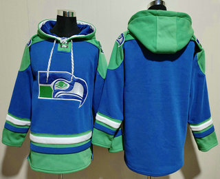 Men's Seattle Seahawks Blank Blue Ageless Must Have Lace Up Pullover Hoodie