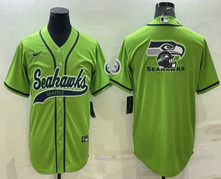 Men's Seattle Seahawks Green Team Big Logo With Patch Cool Base Stitched Baseball Jersey