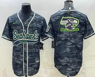 Men's Seattle Seahawks Grey Camo Team Big Logo With Patch Cool Base Stitched Baseball Jersey