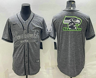 Men's Seattle Seahawks Grey Gridiron Team Big Logo With Patch Cool Base Stitched Baseball Jersey