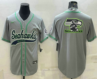 Men's Seattle Seahawks Grey Team Big Logo With Patch Cool Base Stitched Baseball Jersey