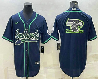 Men's Seattle Seahawks Navy Team Big Logo With Patch Cool Base Stitched Baseball Jersey