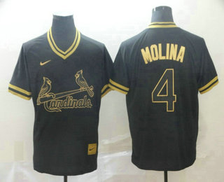 Men's St. Louis Cardinals #4 Yadier Molina Black Gold Nike Cooperstown Legend V Neck Jersey