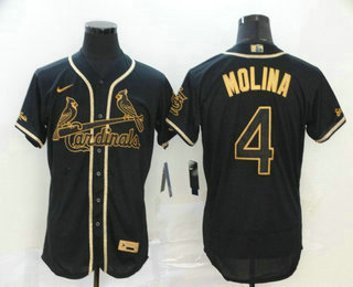 Men's St. Louis Cardinals #4 Yadier Molina Black Golden Stitched MLB Flex Base Nike Jersey