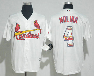 Men's St. Louis Cardinals #4 Yadier Molina White Team Logo Ornamented Stitched MLB Majestic Cool Base Jersey