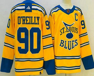 Men's St Louis Blues #90 Ryan OReilly Yellow 2022 Reverse Retro Authentic Jersey