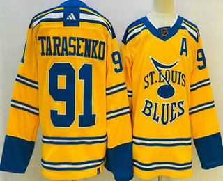 Men's St Louis Blues #91 Vladimir Tarasenko Yellow 2022 Reverse Retro Authentic Jersey