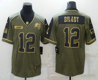 Men's Tampa Bay Buccaneers #12 Tom Brady 2021 Olive Salute To Service Golden Limited Stitched Jersey