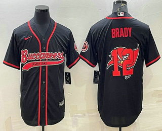 Men's Tampa Bay Buccaneers #12 Tom Brady Black Team Big Logo With Patch Cool Base Stitched Baseball Jersey