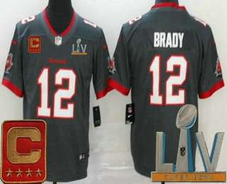 Men's Tampa Bay Buccaneers #12 Tom Brady Grey C Patch 2021 Super Bowl LV Vapor Untouchable Stitched Nike Limited NFL Jersey