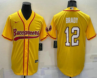 Men's Tampa Bay Buccaneers #12 Tom Brady Yellow Stitched Cool Base Nike Baseball Jersey