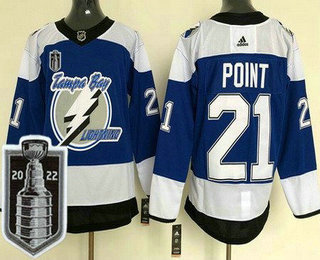 Men's Tampa Bay Lightning #21 Brayden Point Blue Reverse Retro 2022 Stanley Cup Stitched Jersey