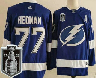 Men's Tampa Bay Lightning #77 Victor Hedman Blue 2022 Stanley Cup Stitched Jersey