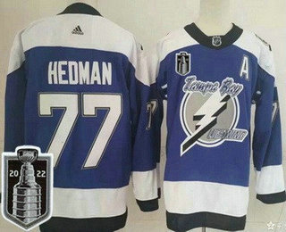 Men's Tampa Bay Lightning #77 Victor Hedman Blue Reverse Retro 2022 Stanley Cup Stitched Jersey