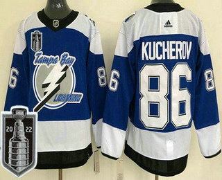 Men's Tampa Bay Lightning #86 Nikita Kucherov Blue Reverse Retro 2022 Stanley Cup Stitched Jersey