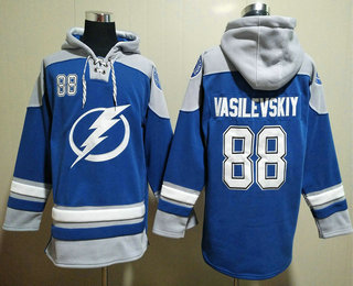 Men's Tampa Bay Lightning #88 Andrei Vasilevskiy Blue Ageless Must Have Lace Up Pullover Hoodie