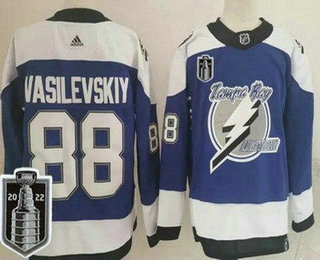 Men's Tampa Bay Lightning #88 Andrei Vasilevskiy Blue Reverse Retro 2022 Stanley Cup Stitched Jersey