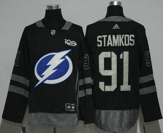 Men's Tampa Bay Lightning #91 Steven Stamkos Black 100th Anniversary Adidas Stitched NHL 2017 Hockey Jersey