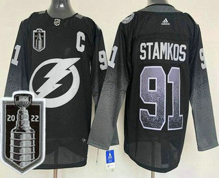 Men's Tampa Bay Lightning #91 Steven Stamkos Black 2022 Stanley Cup Stitched Jersey