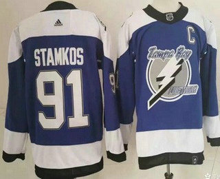 Men's Tampa Bay Lightning #91 Steven Stamkos Blue 2021 Reverse Retro Authentic Jersey