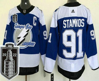 Men's Tampa Bay Lightning #91 Steven Stamkos Blue Reverse Retro 2022 Stanley Cup Stitched Jersey