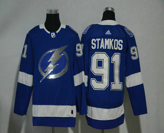 Men's Tampa Bay Lightning #91 Steven Stamkos Light Blue With Handwork Sequin Fashion Team Logo Home 2017-2018 Hockey Adidas Stitched NHL Jersey