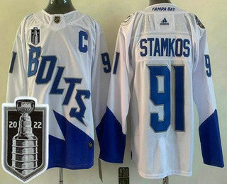 Men's Tampa Bay Lightning #91 Steven Stamkos White Stadium Series 2022 Stanley Cup Stitched Jersey