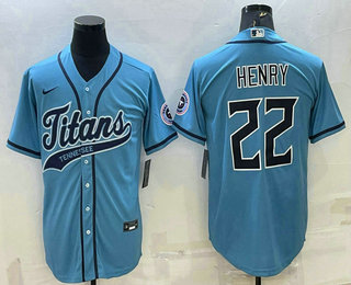 Men's Tennessee Titans #22 Derrick Henry Blue With Patch Cool Base Stitched Baseball Jersey