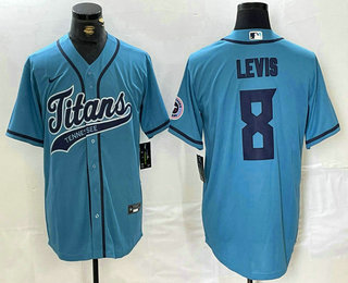 Men's Tennessee Titans #8 Will Levis Blue With Patch Cool Base Stitched Baseball Jersey