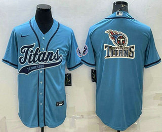 Men's Tennessee Titans Blue Team Big Logo With Patch Cool Base Stitched Baseball Jersey