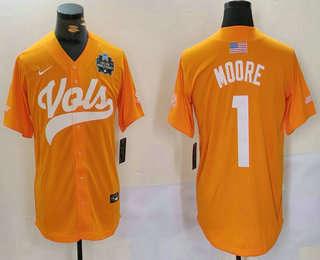 Men's Tennessee Volunteers #1 Christian Moore Yellow With Patch Stitched Baseball Jersey