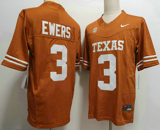 Men's Texas Longhorns #3 Quinn Ewers  Orange FUSE College Stitched Jersey