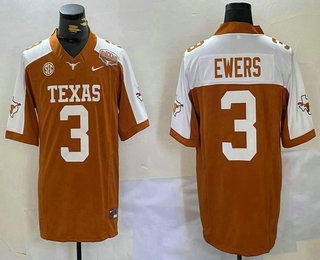 Men's Texas Longhorns #3 Quinn Ewers Orange White 100TH FUSE College Stitched Jersey