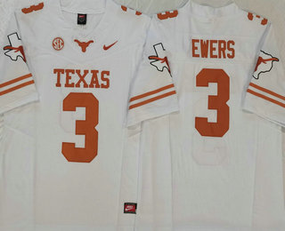 Men's Texas Longhorns #3 Quinn Ewers White FUSE College Stitched Jersey