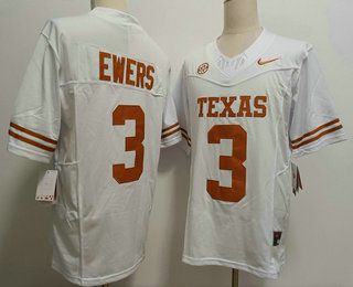 Men's Texas Longhorns #3 Quinn Ewers White FUSE Stitched Jersey