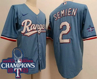 Men's Texas Rangers #2 Marcus Semien Light Blue Team Logo 2023 World Series Champions Cool Base Jersey