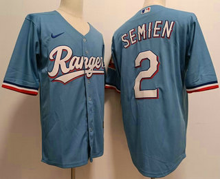 Men's Texas Rangers #2 Marcus Semien Light Blue Team Logo Cool Base Jersey