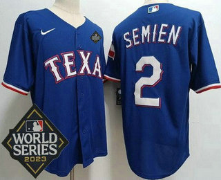 Men's Texas Rangers #2 Marcus Semien Royal Team Logo 2023 World Series Cool Base Jersey