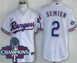 Men's Texas Rangers #2 Marcus Semien White Team Logo 2023 World Series Champions Cool Base Jersey