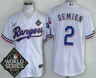 Men's Texas Rangers #2 Marcus Semien White Team Logo 2023 World Series Cool Base Jersey