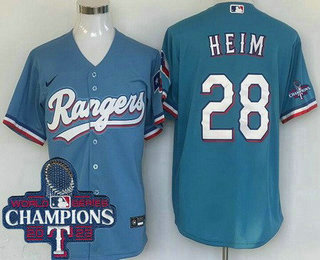 Men's Texas Rangers #28 Jonah Heim Light Blue Team Logo 2023 World Series Champions Cool Base Jersey