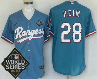 Men's Texas Rangers #28 Jonah Heim Light Blue Team Logo 2023 World Series Cool Base Jersey