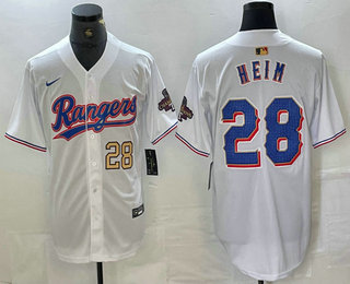 Men's Texas Rangers #28 Jonah Heim Number White 2023 World Series Champions Cool Base Jersey 11